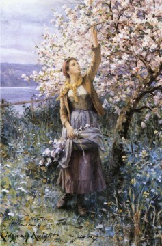 Versammlung Apfelblüten Landfrau Daniel Ridgway Knight Ölgemälde